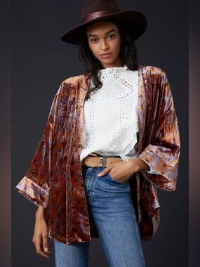 Anthropologie Esme Velvet Kimono Jacket Copper Purple Floral Boho Size Small